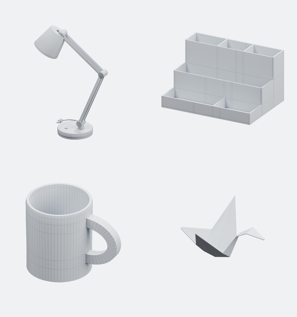 白黒デスク小物100種類+デスク1点|Blender・FBX・GLB・Unity【3D素材】