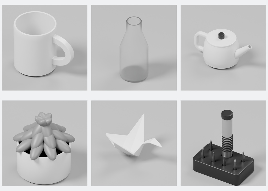 白黒デスク小物100種類+デスク1点|Blender・FBX・GLB・Unity【3D素材】