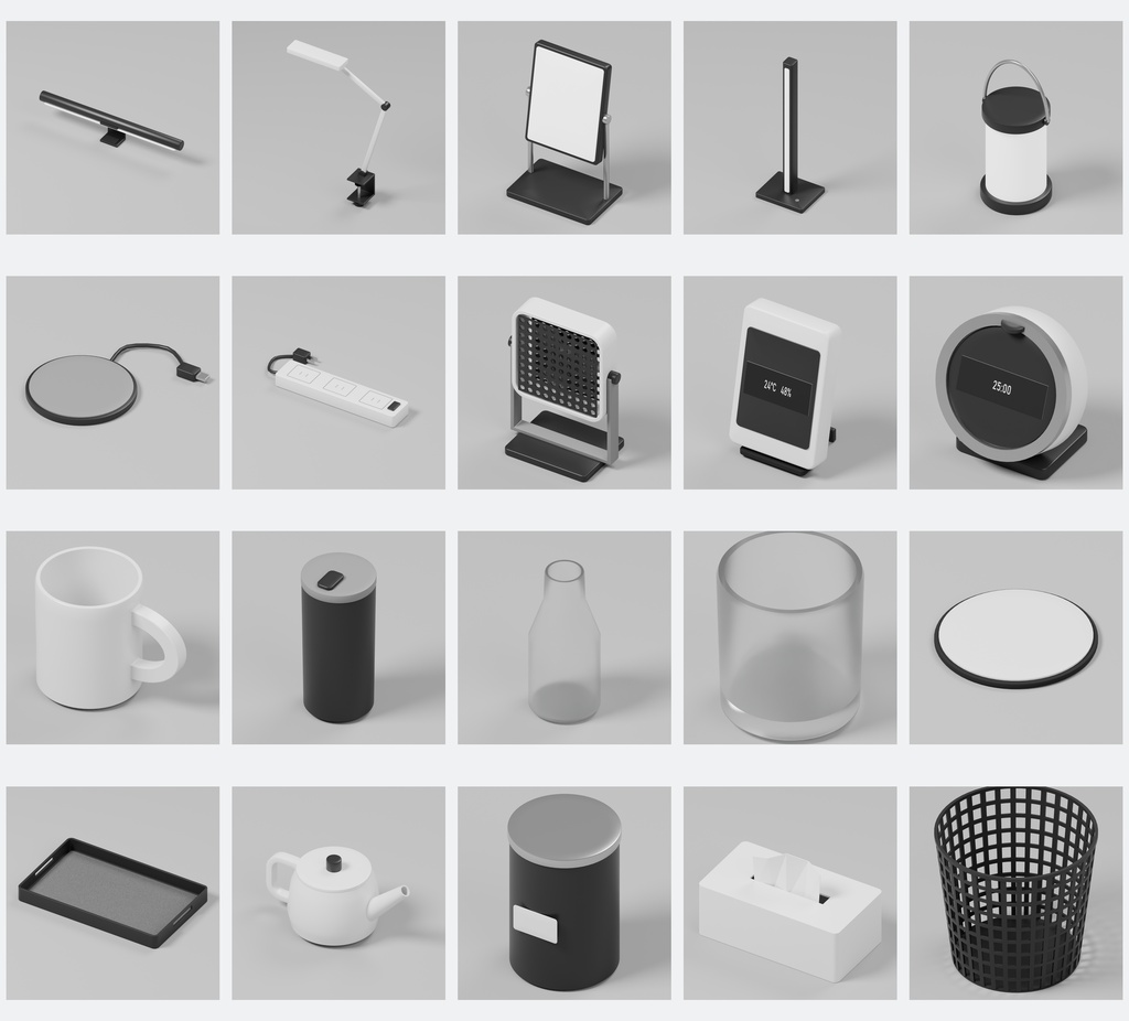 白黒デスク小物100種類+デスク1点|Blender・FBX・GLB・Unity【3D素材】