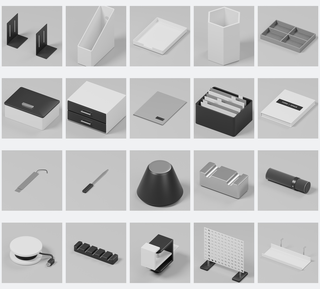 白黒デスク小物100種類+デスク1点|Blender・FBX・GLB・Unity【3D素材】