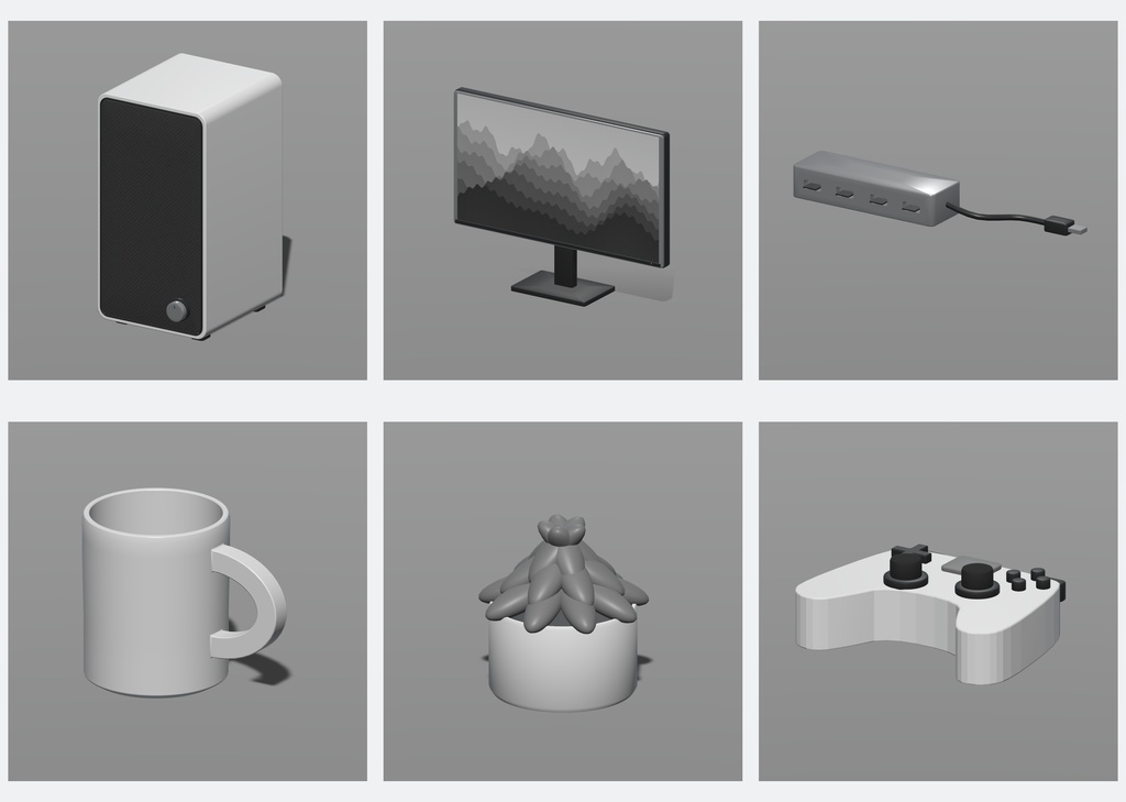 白黒デスク小物100種類+デスク1点|Blender・FBX・GLB・Unity【3D素材】