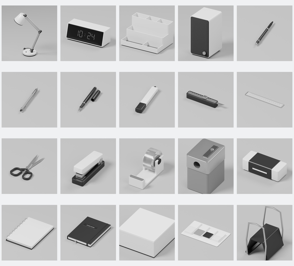 白黒デスク小物100種類+デスク1点|Blender・FBX・GLB・Unity【3D素材】
