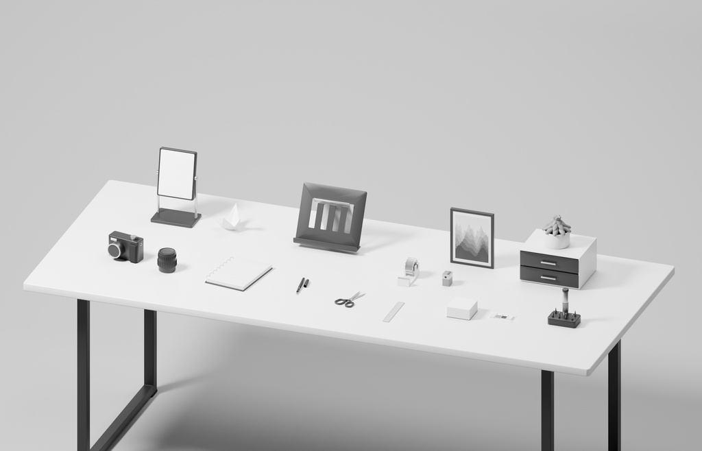 白黒デスク小物100種類+デスク1点|Blender・FBX・GLB・Unity【3D素材】