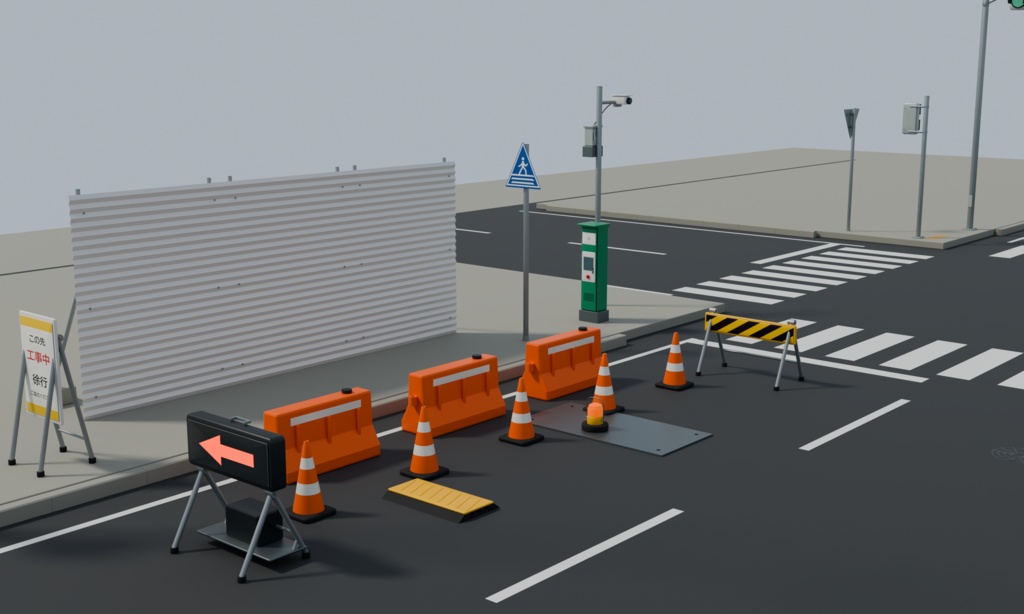 日本の道路設備100種類+街路背景|電柱・信号機・標識【Blender・FBX・GLB・Unity】