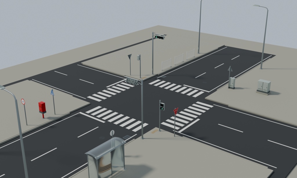 日本の道路設備100種類+街路背景|電柱・信号機・標識【Blender・FBX・GLB・Unity】