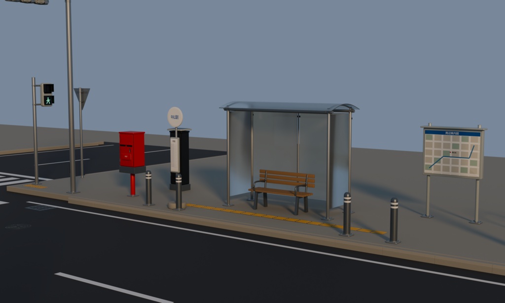 日本の道路設備100種類+街路背景|電柱・信号機・標識【Blender・FBX・GLB・Unity】