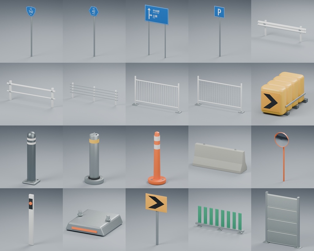 日本の道路設備100種類+街路背景|電柱・信号機・標識【Blender・FBX・GLB・Unity】