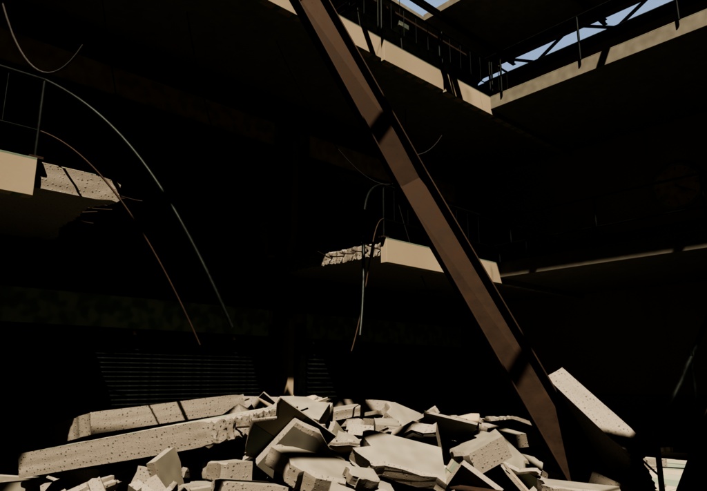 廃商業施設の吹き抜け|瓦礫と露出鉄骨の廃墟【Blender・FBX・GLB・Unity】