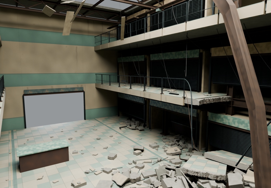 廃商業施設の吹き抜け|瓦礫と露出鉄骨の廃墟【Blender・FBX・GLB・Unity】