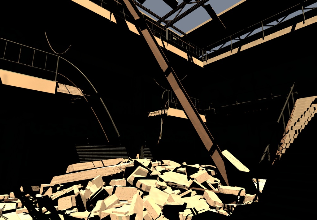 廃商業施設の吹き抜け|瓦礫と露出鉄骨の廃墟【Blender・FBX・GLB・Unity】