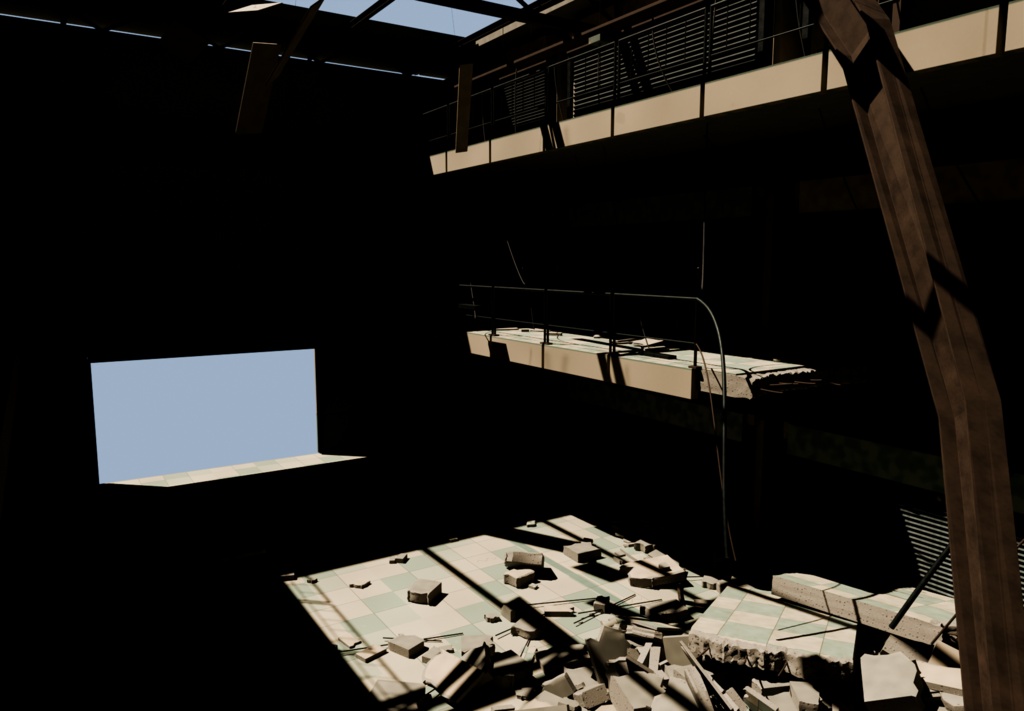 廃商業施設の吹き抜け|瓦礫と露出鉄骨の廃墟【Blender・FBX・GLB・Unity】
