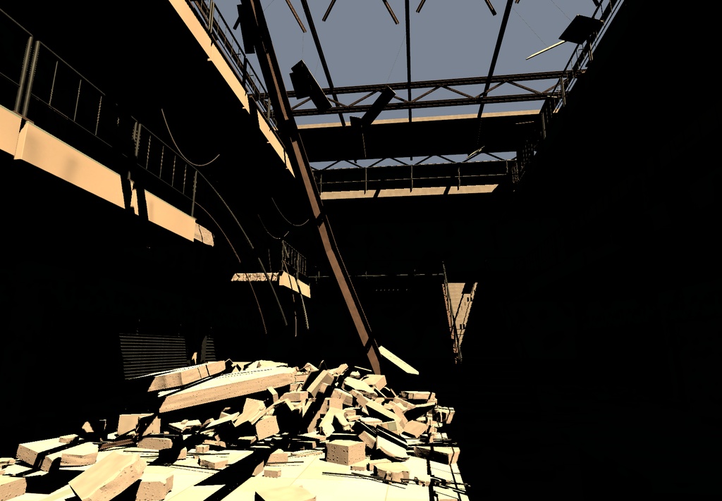 廃商業施設の吹き抜け|瓦礫と露出鉄骨の廃墟【Blender・FBX・GLB・Unity】