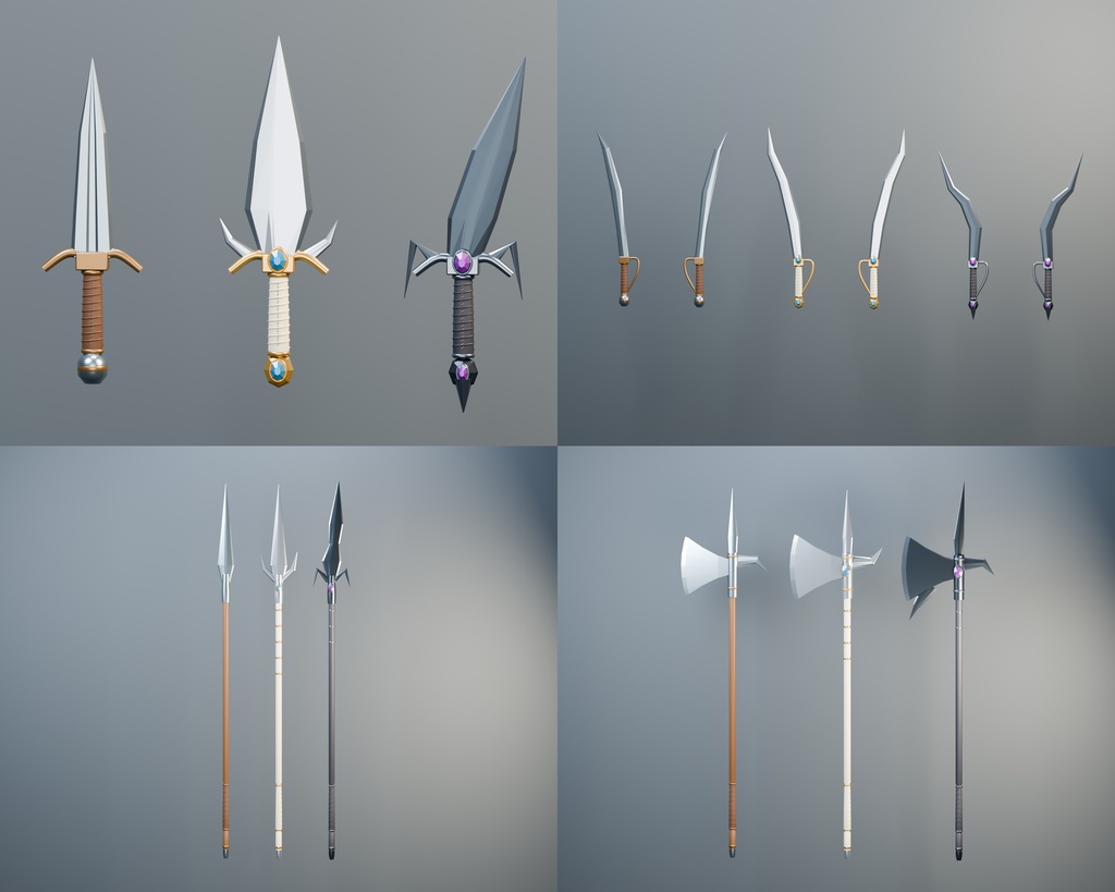 ファンタジー武器60点|20種類×ノーマル・伝説・闇【BLEND・FBX・GLB】