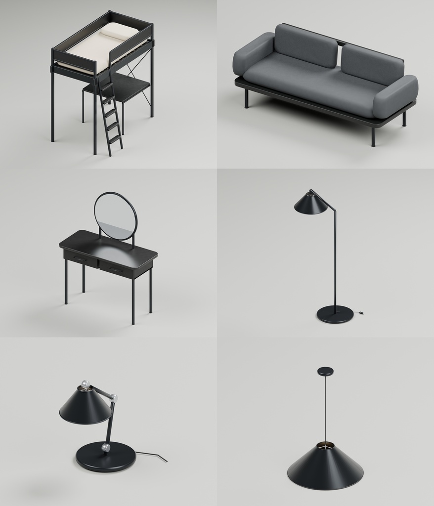 モノトーンモダン家具36点|BLEND・FBX・GLB・Unity・VRC向け家具素材