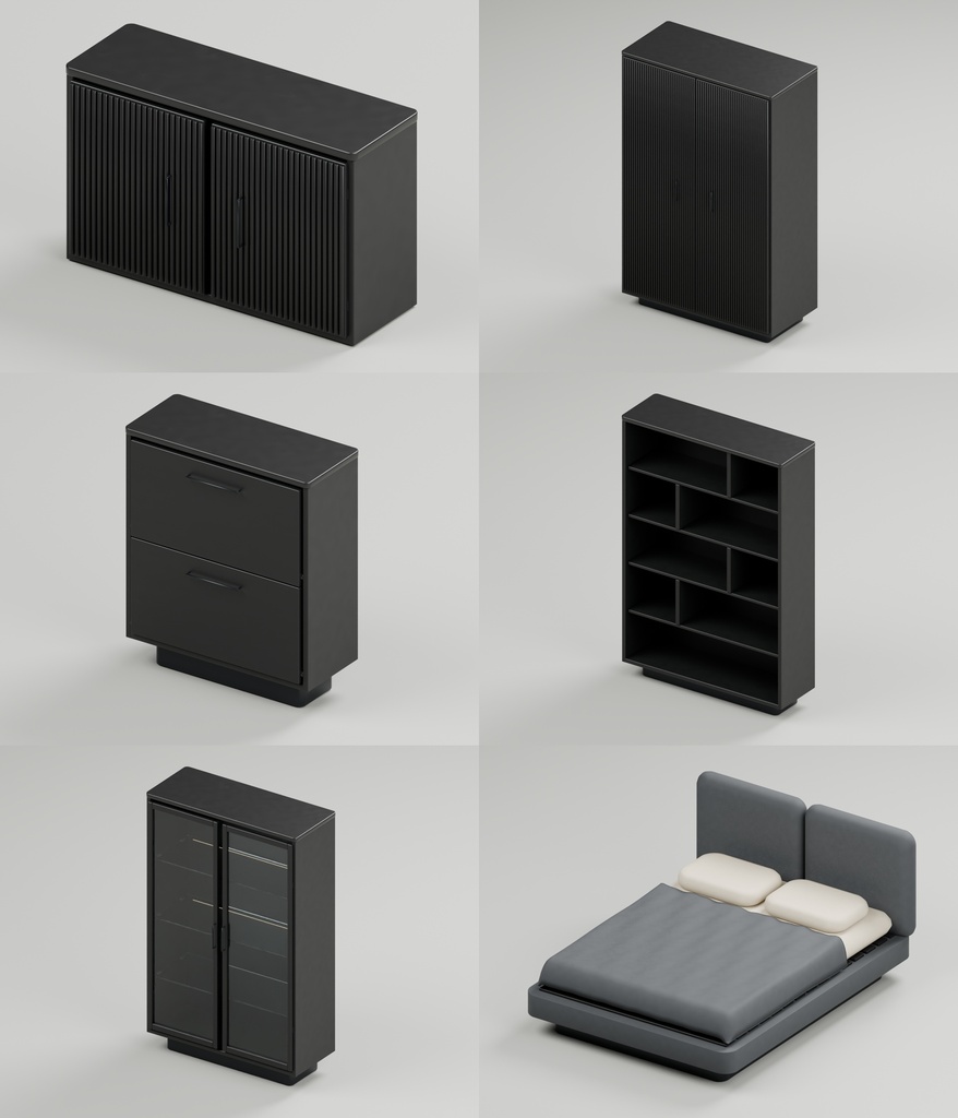 モノトーンモダン家具36点|BLEND・FBX・GLB・Unity・VRC向け家具素材