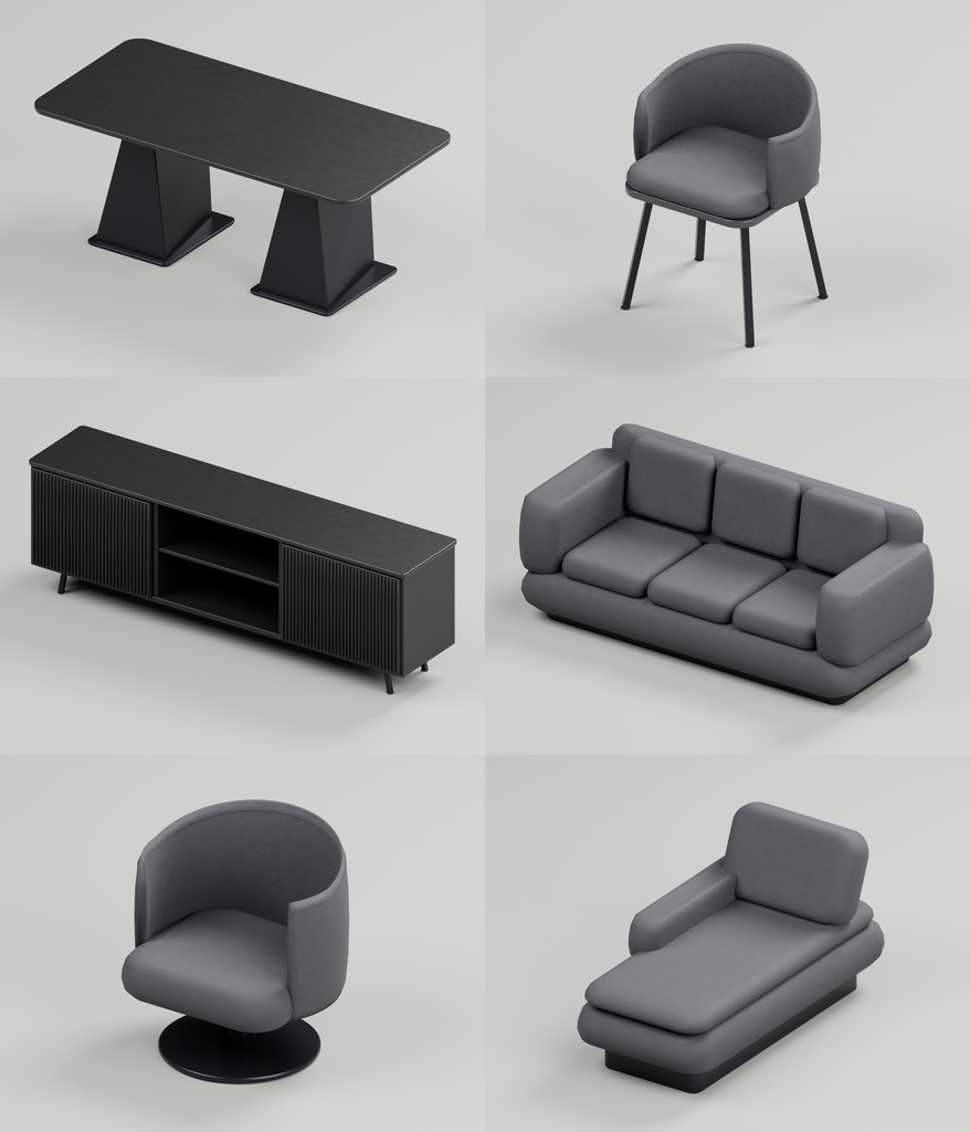 モノトーンモダン家具36点|BLEND・FBX・GLB・Unity・VRC向け家具素材