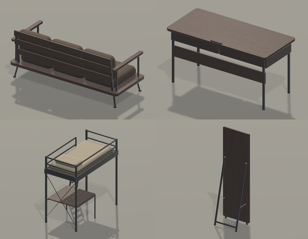 ウォールナット家具36点|BLEND・FBX・GLB・Unity・VRC向け家具素材