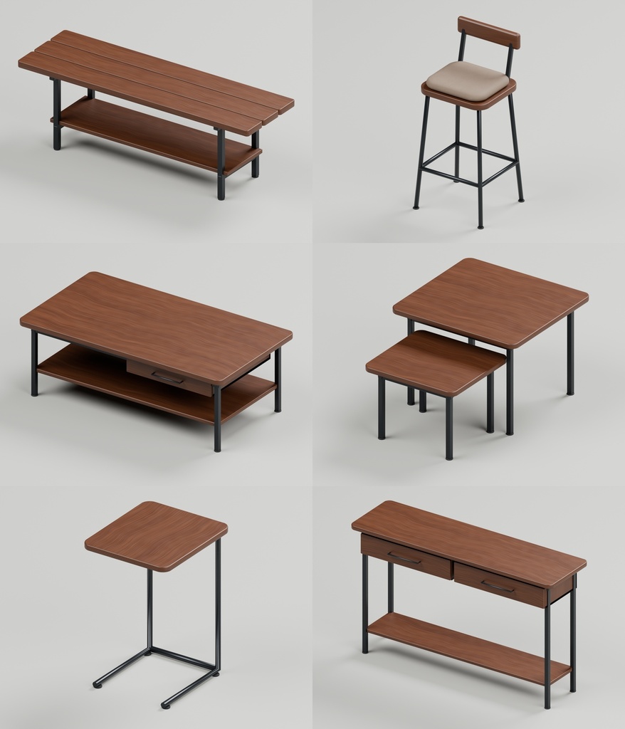 ウォールナット家具36点|BLEND・FBX・GLB・Unity・VRC向け家具素材