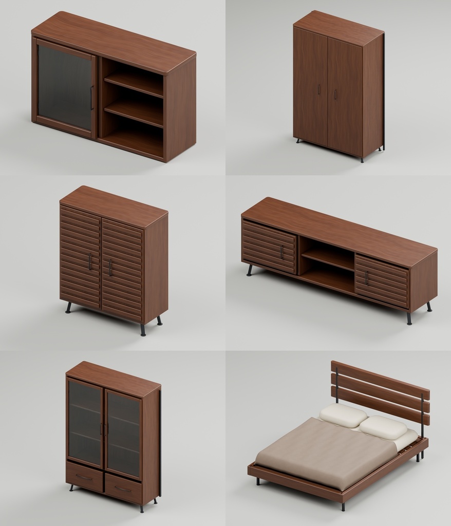 ウォールナット家具36点|BLEND・FBX・GLB・Unity・VRC向け家具素材