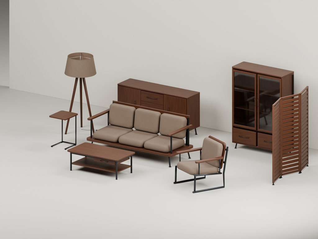 ウォールナット家具36点|BLEND・FBX・GLB・Unity・VRC向け家具素材