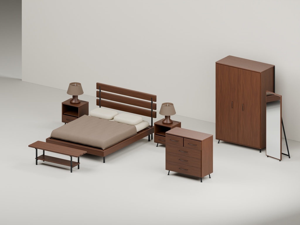 ウォールナット家具36点|BLEND・FBX・GLB・Unity・VRC向け家具素材