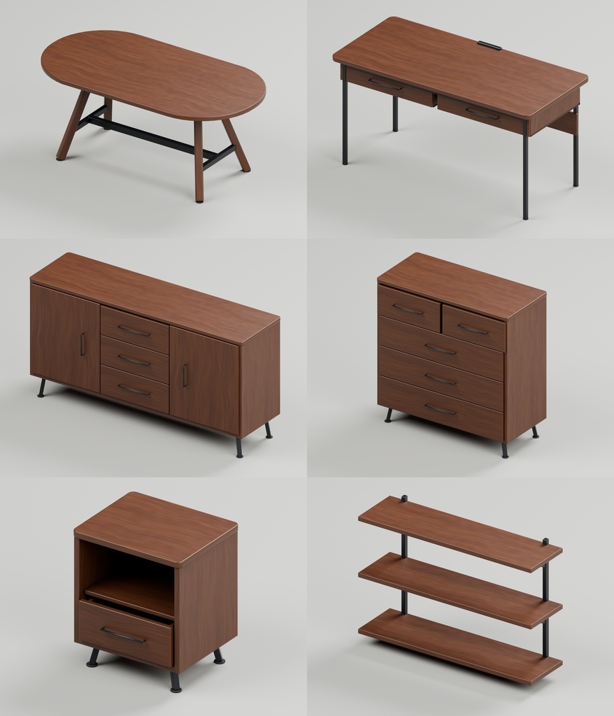 ウォールナット家具36点|BLEND・FBX・GLB・Unity・VRC向け家具素材