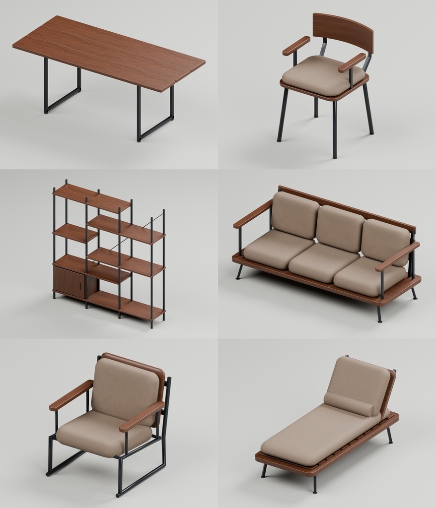 ウォールナット家具36点|BLEND・FBX・GLB・Unity・VRC向け家具素材