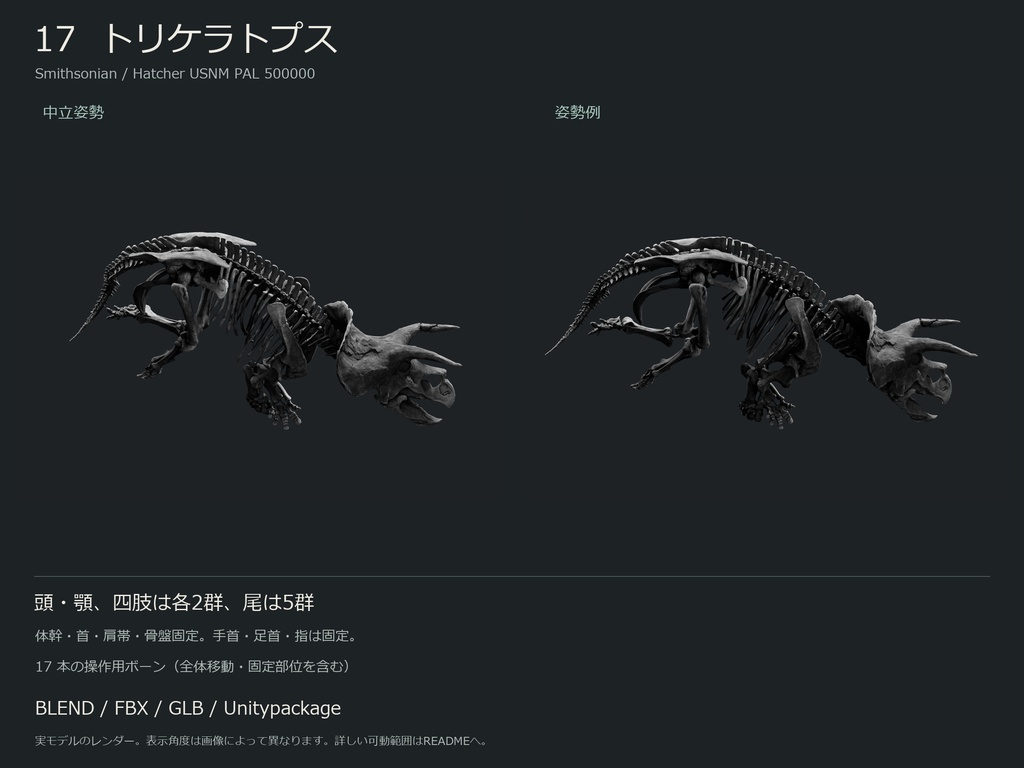 人間・動物・恐竜の骨格17種セット(部位可動版)|BLEND・FBX・GLB・Unity