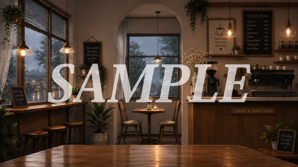 vtuber向け【配信背景素材】喫茶店朝昼晚雨四種類(カフェ、喫茶店、コーヒー、暖かい、雨天)