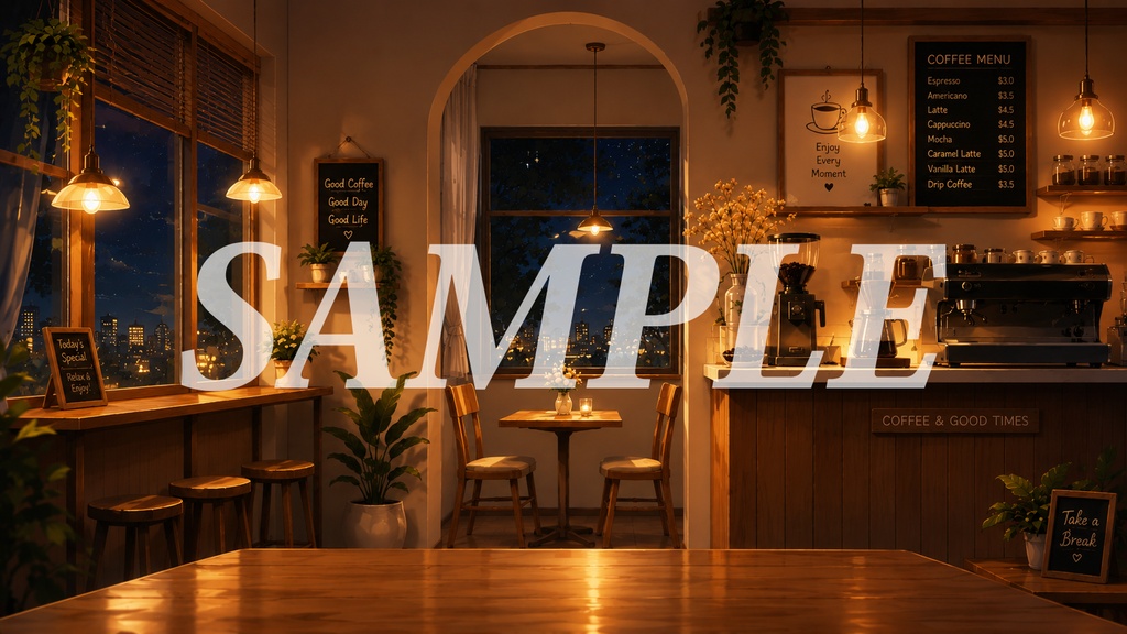 vtuber向け【配信背景素材】喫茶店朝昼晚雨四種類(カフェ、喫茶店、コーヒー、暖かい、雨天)