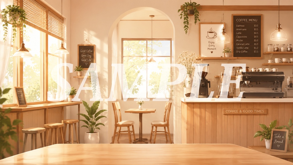 vtuber向け【配信背景素材】喫茶店朝昼晚雨四種類(カフェ、喫茶店、コーヒー、暖かい、雨天)