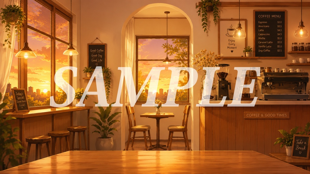 vtuber向け【配信背景素材】喫茶店朝昼晚雨四種類(カフェ、喫茶店、コーヒー、暖かい、雨天)
