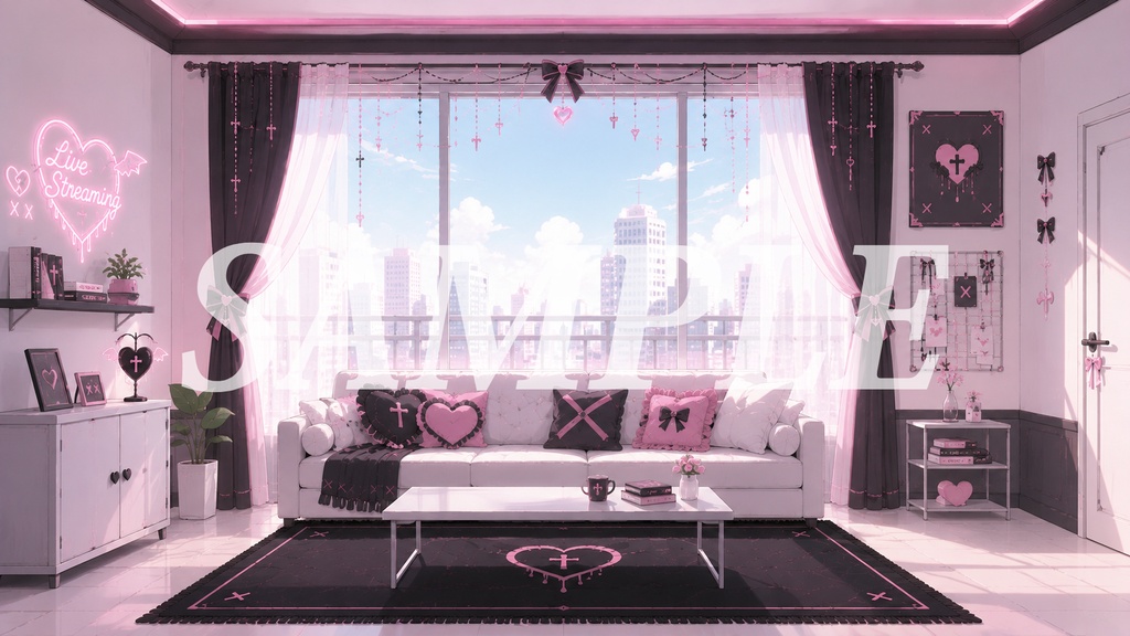 vtuber向け【無料配信背景素材】地雷系女子部屋(地雷系、かわいい、配信部屋、ピンク、ブラック、カーテン)