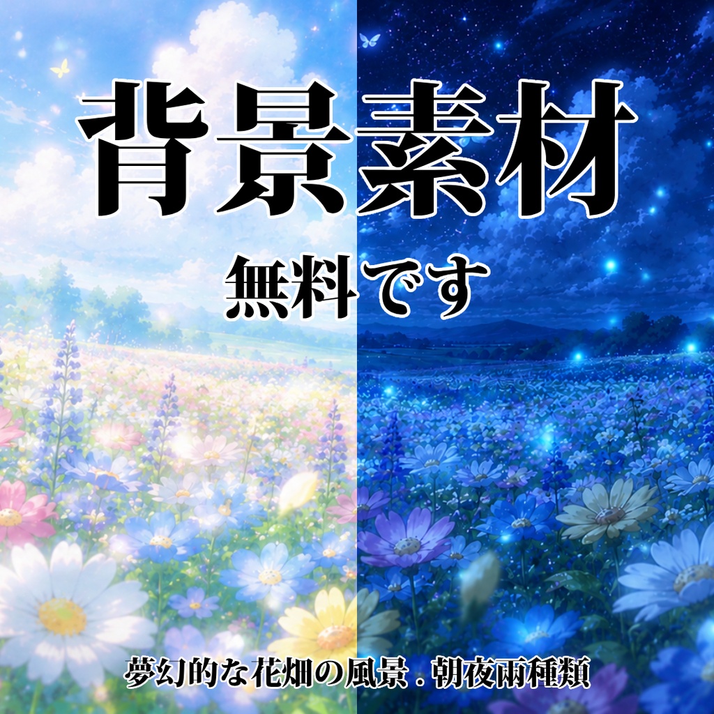 vtuber向け【無料配信背景素材】夢幻的な花畑の風景（花畑、かわいい、夢幻的、ロマンティック、朝、夜、精霊、森）