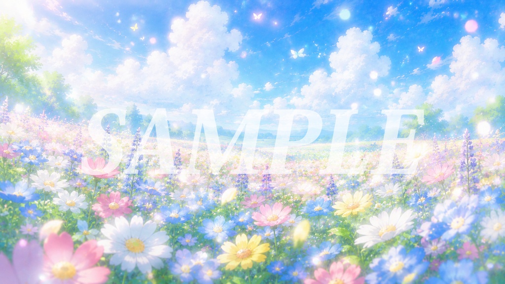 vtuber向け【無料配信背景素材】夢幻的な花畑の風景(花畑、かわいい、夢幻的、ロマンティック、朝、夜、精霊、森)