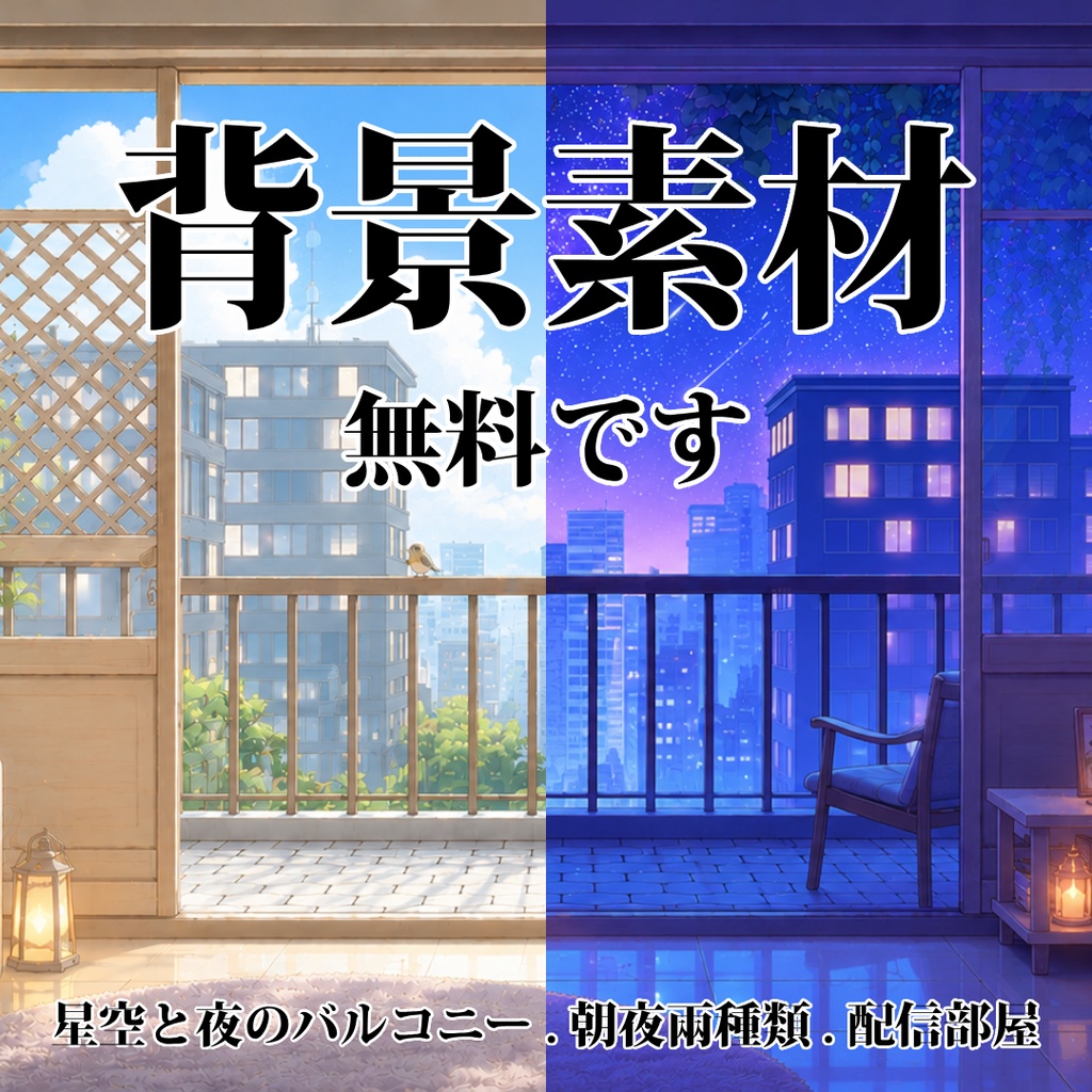 vtuber向け【無料配信背景素材】星空と夜のバルコニー（配信部屋、星空、明るい、リビングルーム）