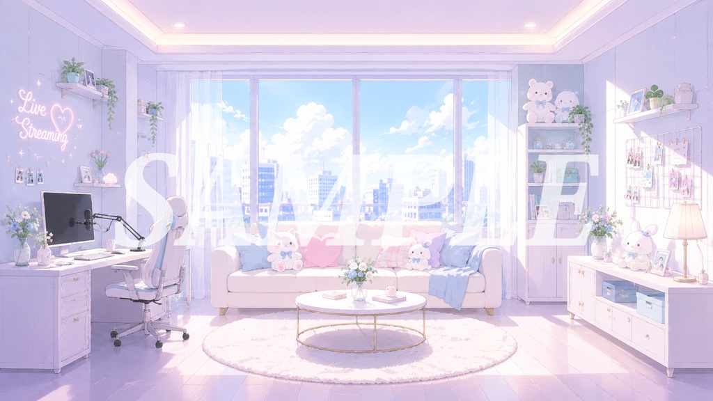 vtuber向け【無料配信背景素材】明るくかわいい配信スタジオ(配信部屋、明るい、リビングルーム、かわいい、スタジオ)