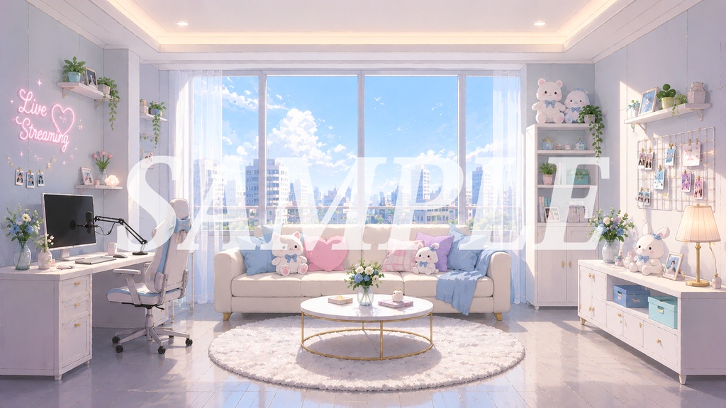 vtuber向け【無料配信背景素材】明るくかわいい配信スタジオ(配信部屋、明るい、リビングルーム、かわいい、スタジオ)