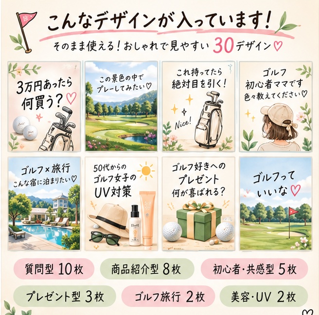 ゴルフSNS投稿テンプレ30枚|Threads投稿文30本付き|すぐ使えるPNG素材