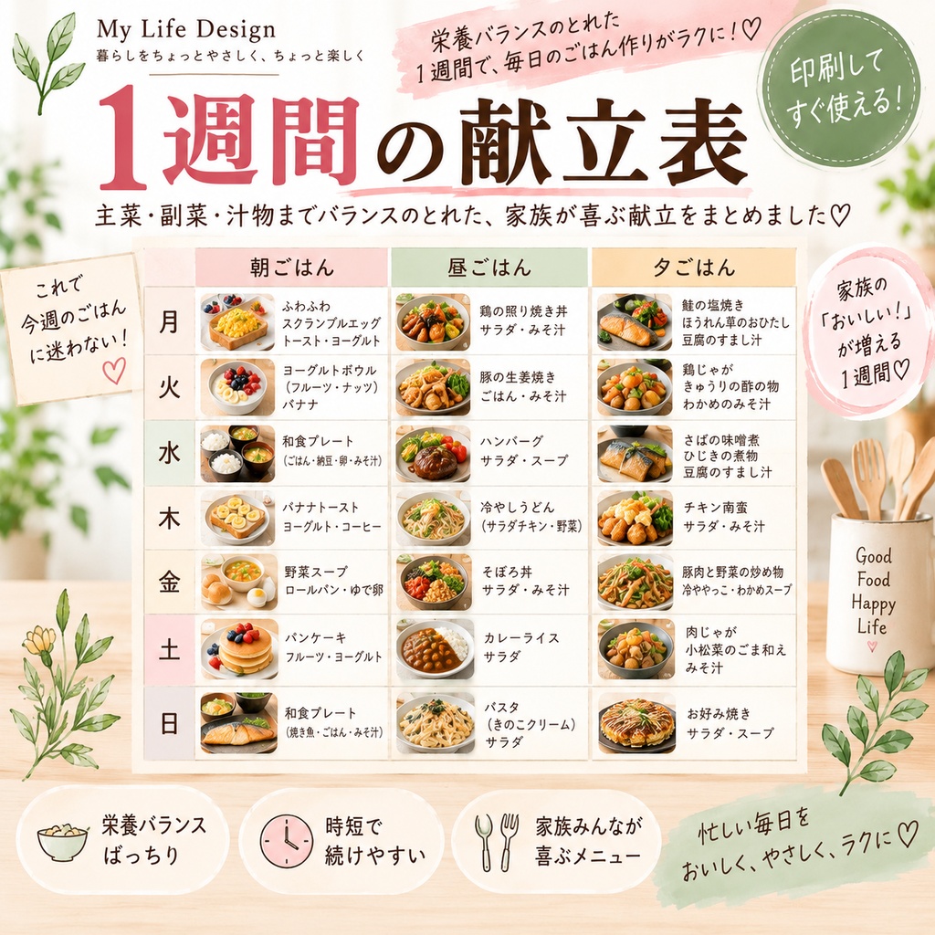 働くママの1週間献立|買い物リスト・作り置き・時短セット PDF