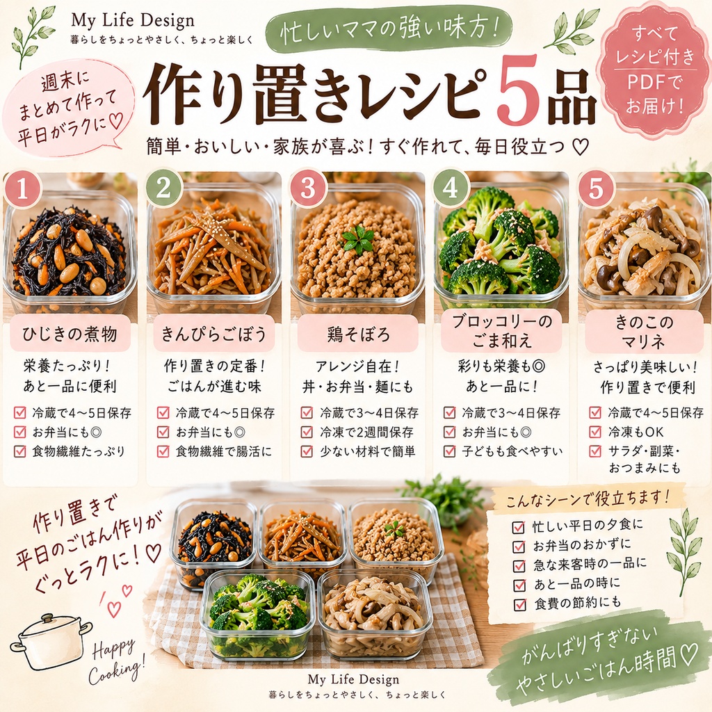 働くママの1週間献立|買い物リスト・作り置き・時短セット PDF