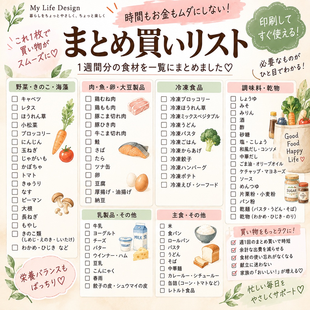 働くママの1週間献立|買い物リスト・作り置き・時短セット PDF