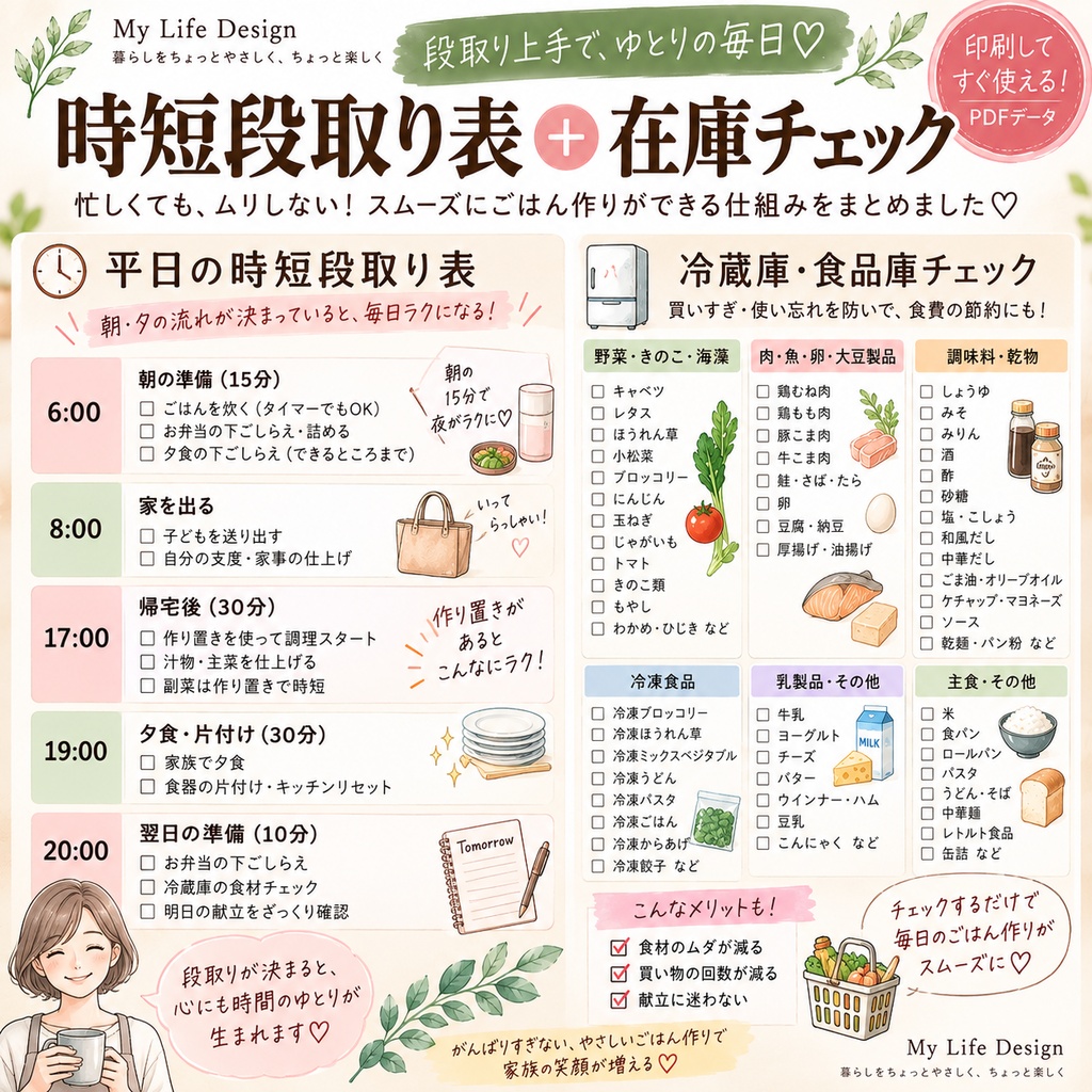 働くママの1週間献立|買い物リスト・作り置き・時短セット PDF