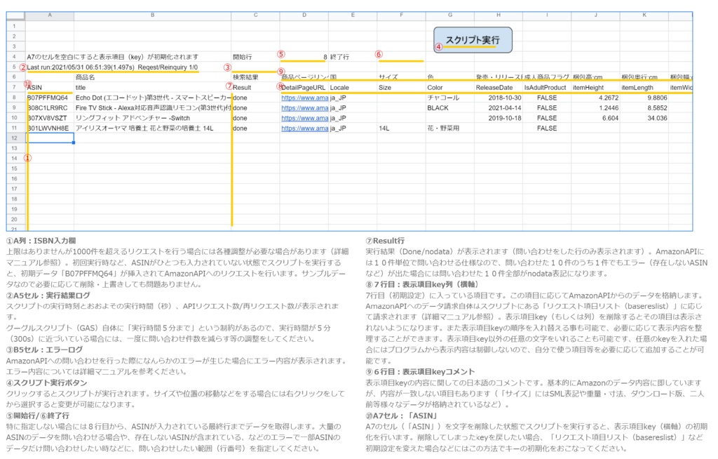 スプレッドシートでASINからamazon商品情報を取得するスクリプト AmzItemRequest (GAS Google Apps Script:Amazon API PA-API v5.0利用)インストールマニュアル付き