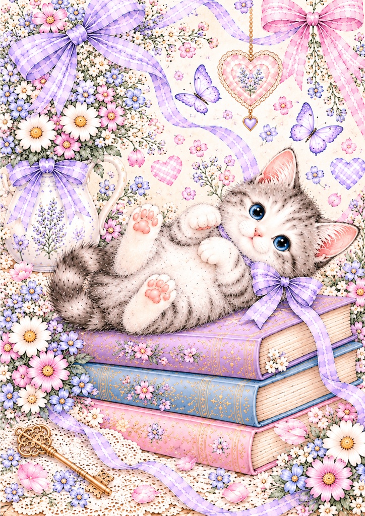 かわいい子猫とお花のデジタルペーパー6枚セット♡パステル・リボン・月と星