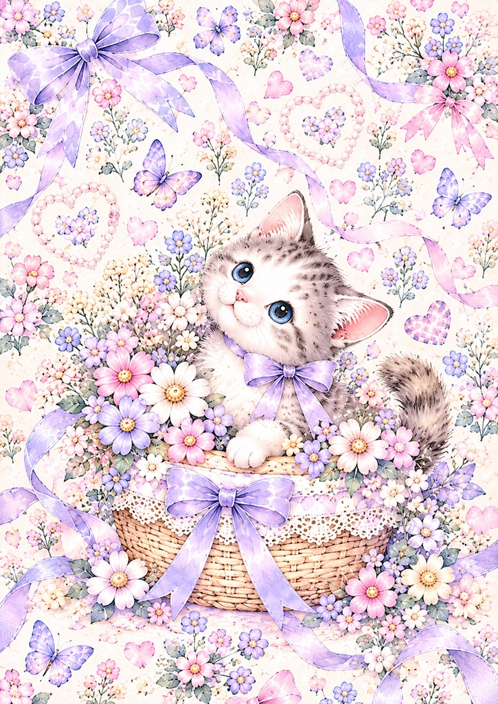 かわいい子猫とお花のデジタルペーパー6枚セット♡パステル・リボン・月と星