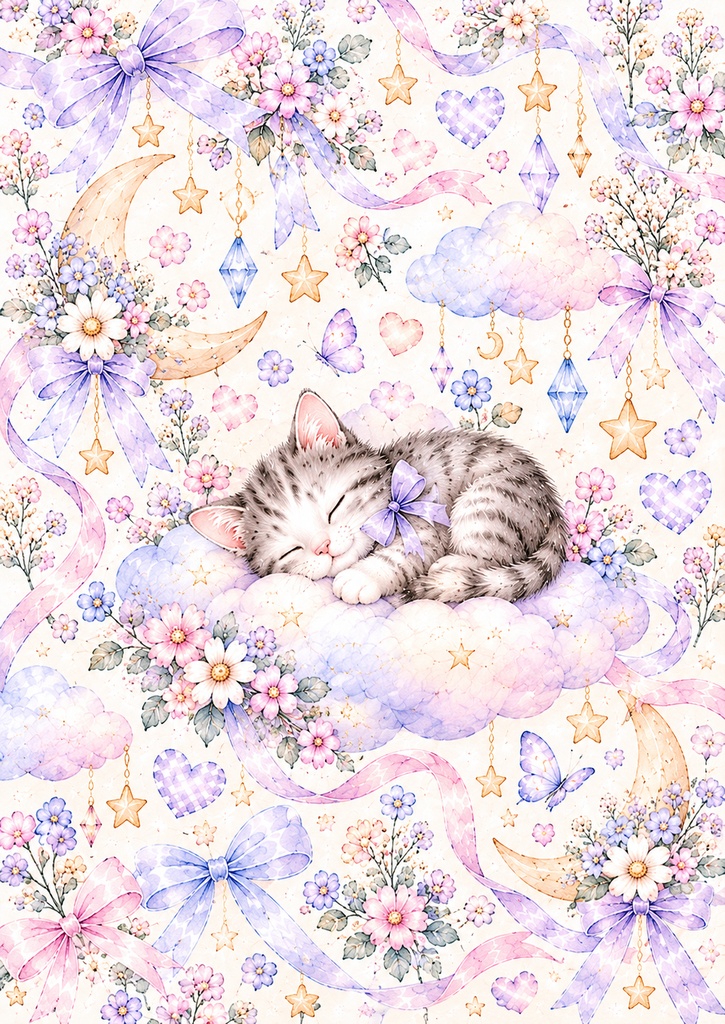 かわいい子猫とお花のデジタルペーパー6枚セット♡パステル・リボン・月と星