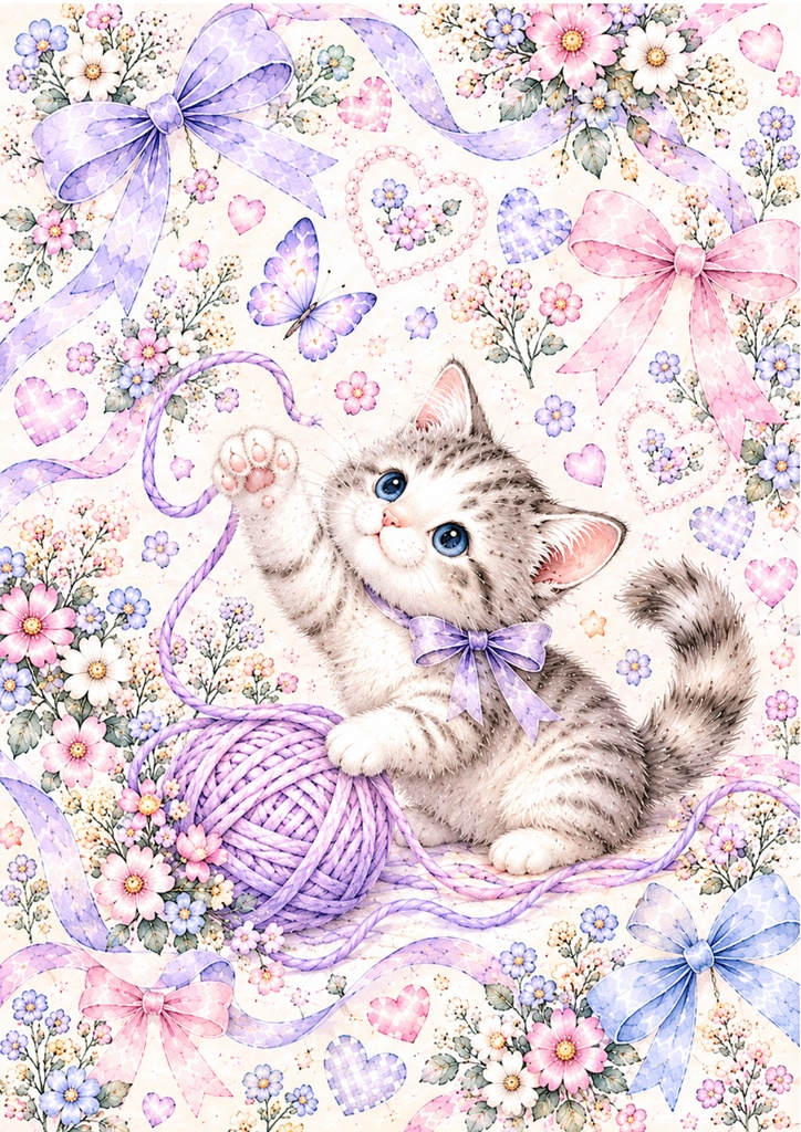 かわいい子猫とお花のデジタルペーパー6枚セット♡パステル・リボン・月と星