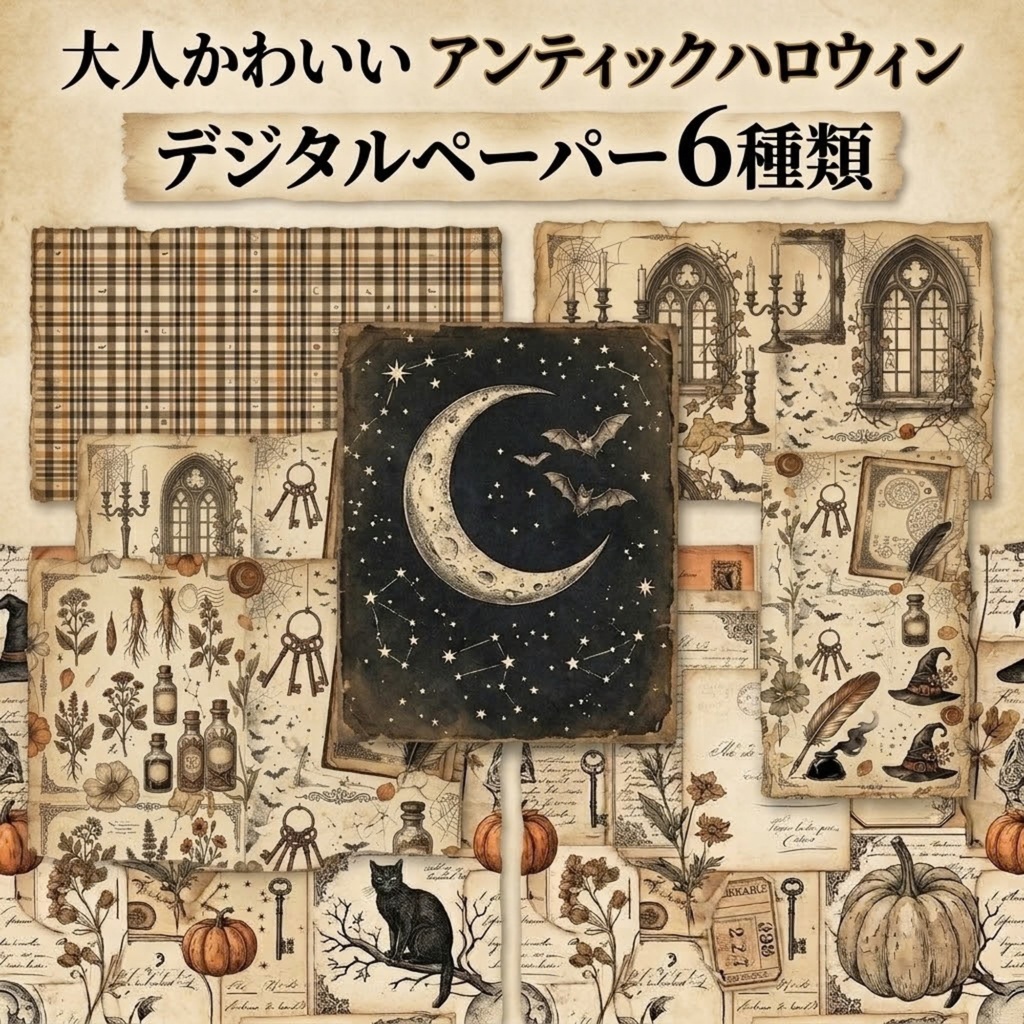大人かわいいアンティークハロウィン｜デジタルペーパー6種類｜ハロウィン コラージュ・デザインペーパー