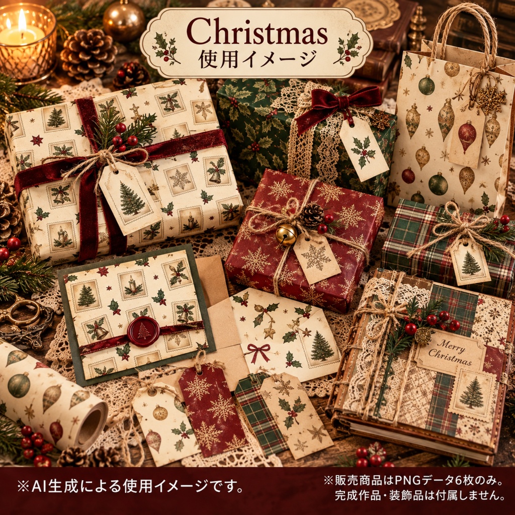 大人かわいいクラシッククリスマス|アンティーク風デジタルペーパー6柄セット|コラージュ・ラッピング素材